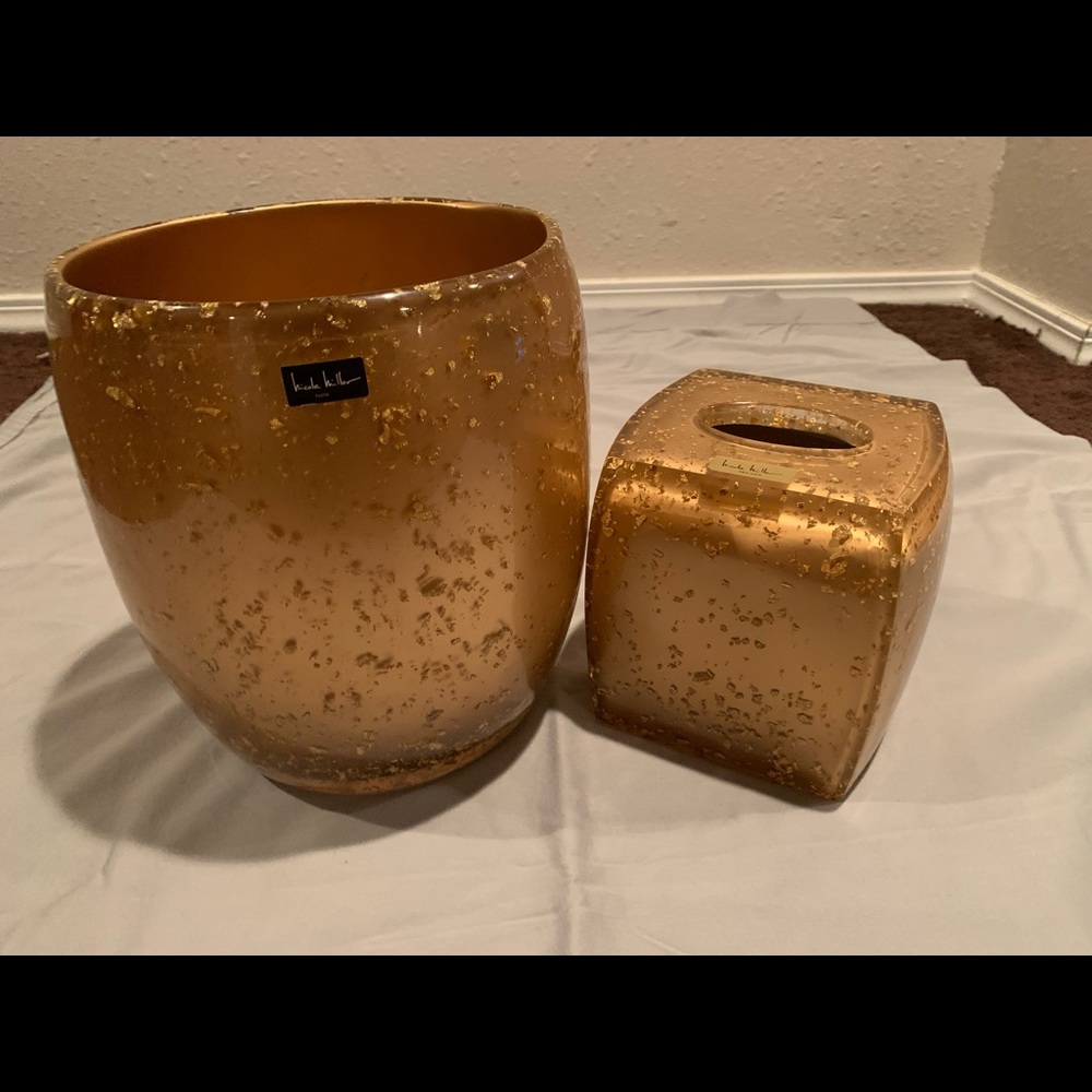 NICOLE MILLER Gold Waste Basket & Tissue Box